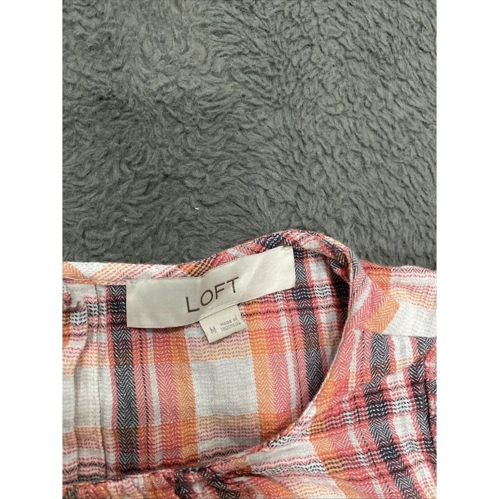 Loft Plaid Cotton Blouse Shirred Neck Puff Sleeve Button Back Orange Red M